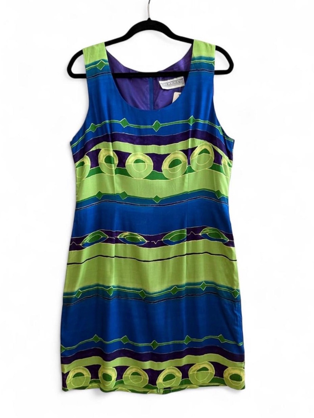 Vintage 80s-90s Jessica Howard Blue & Lime Patterned Sleeveless Shift Dress